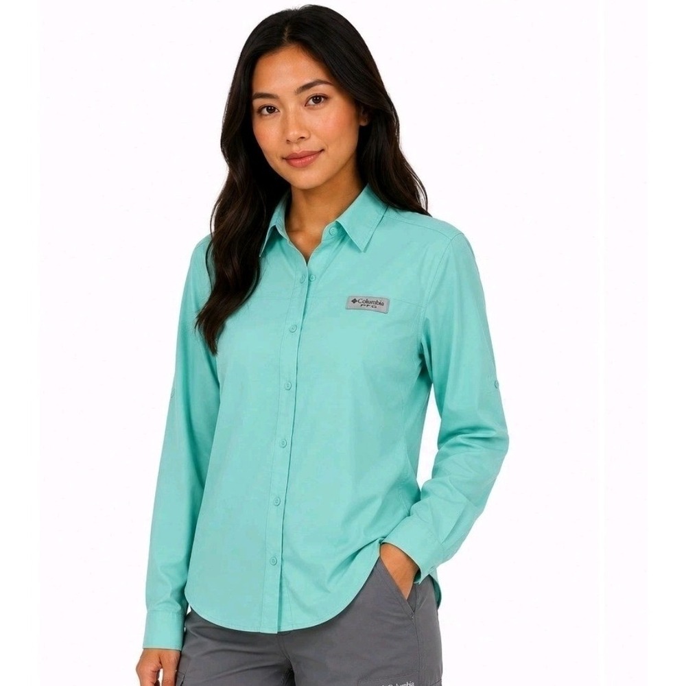 Columbia PFG Fishing Shirt Aqua Mint Green Teal Snap Long Sleeve Women's 3X Hike